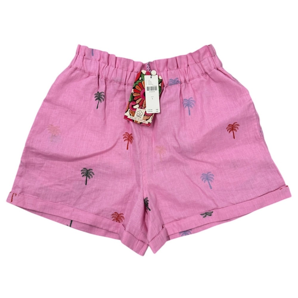 Farm Rio Anthropologie Womens Shorts S Pink Linen Palm Tree Embroidered NWT - Picture 2 of 9